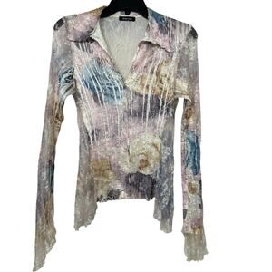Dolce Cabo Y2K Pastel Shimmer Lace Sheer Button Down Crinkle Blouse Small Fairy
